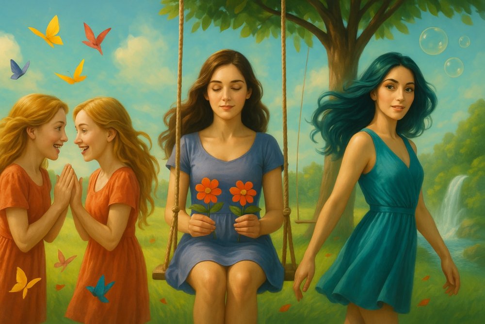 Stylized illustration of the air zodiac signs Gemini, Libra, and Aquarius, represented by airy, expressive characters in a vibrant sky-themed setting