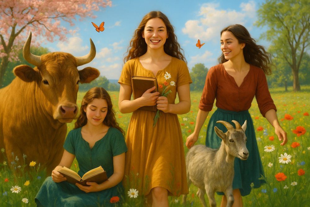 Elegant illustration of the earth zodiac signs Taurus, Virgo, and Capricorn represented by calm, grounded characters in a natural, earthy setting