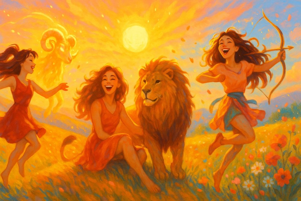 Vibrant illustration of the fire zodiac signs Aries, Leo, and Sagittarius, each represented by expressive, confident characters in a dynamic and fiery landscape
