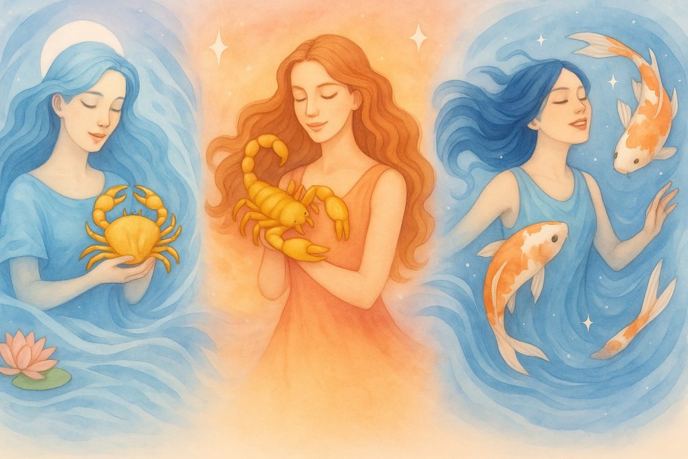 Artistic illustration of Cancer, Scorpio, and Pisces zodiac signs